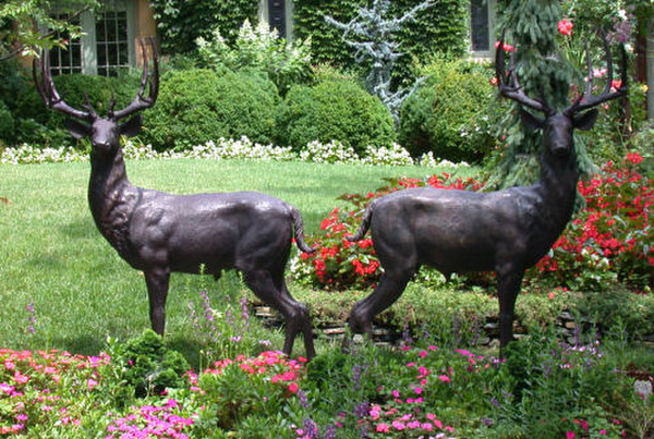 Deer Pair Bronze Statues left and right matching lifelike life size sculpture